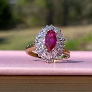 Vintage 18K GE Marquise Baguette Halo Ring Vivid Pink & Clear Stones Size 9